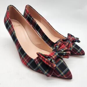 J. Crew Colette Bow Pumps Tartan Plaid Size 5.5 Point Toe Bow Heels Italy